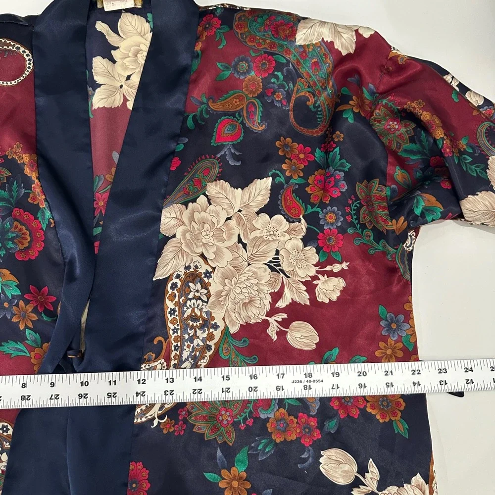 Vintage California Dynasty Silky Robe Large L Floral Paisley Kimono Duster Open